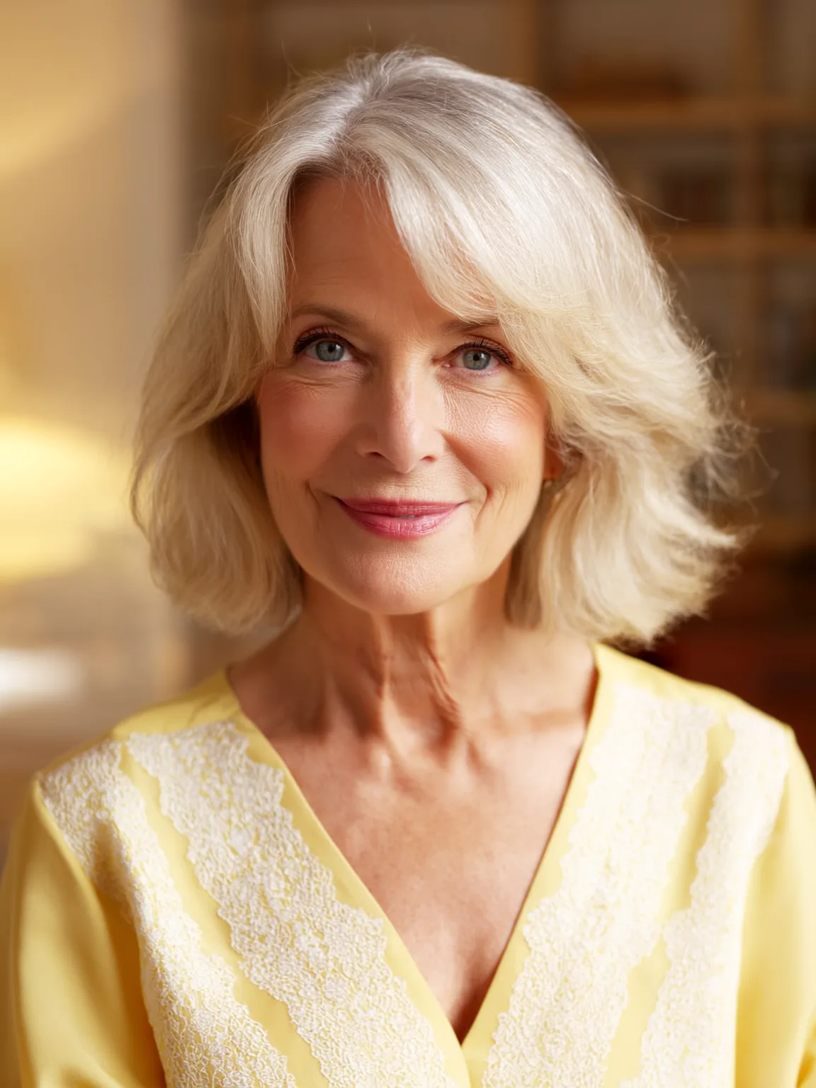 Chin-Length Soft Layers in Silver Blonde